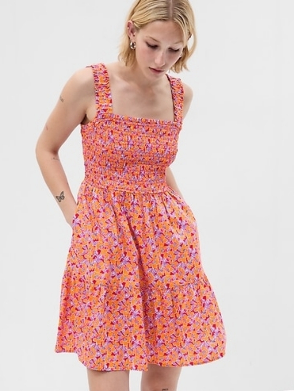 GAP Floral Smocked Mini Dress in Orange and Pink Size Meduim